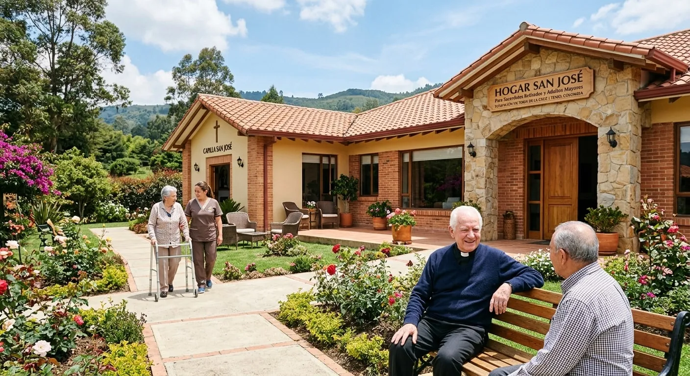 Ilustración del proyecto: casa de una planta con tejas de barro, capilla y jardines florecidos, donde un sacerdote mayor conversa en una banca y una cuidadora acompaña a una señora con caminador.