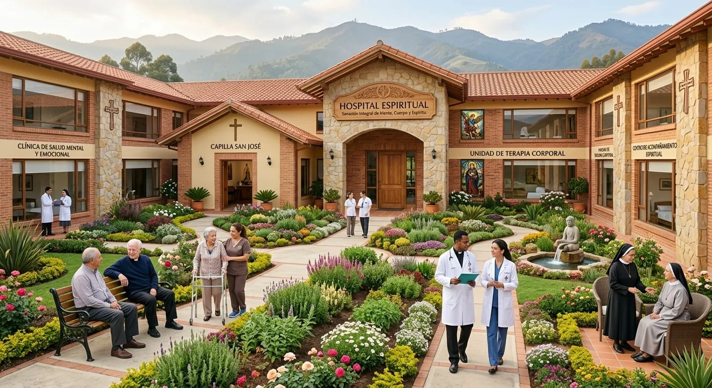 Ilustración del proyecto: edificio de ladrillo y piedra con capilla, clínica de salud mental y unidad de terapia, rodeado de jardines donde caminan médicos, religiosas, sacerdotes y adultos mayores.