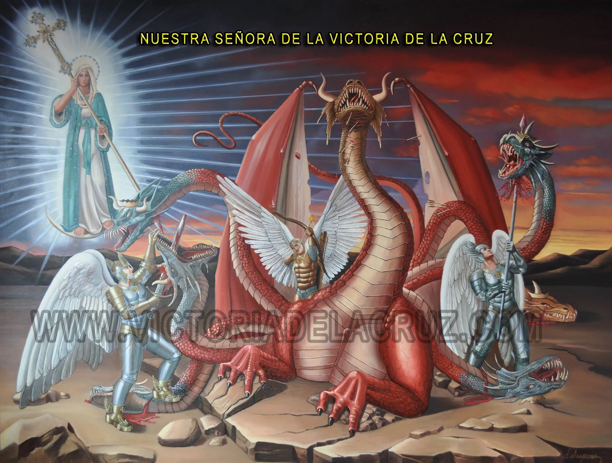 Painting of Our Lady of the Victory of the Cross: the Virgin Mary, holding the cross, treads on the seven-headed dragon while the archangels Saint Michael, Saint Gabriel and Saint Raphael fight.