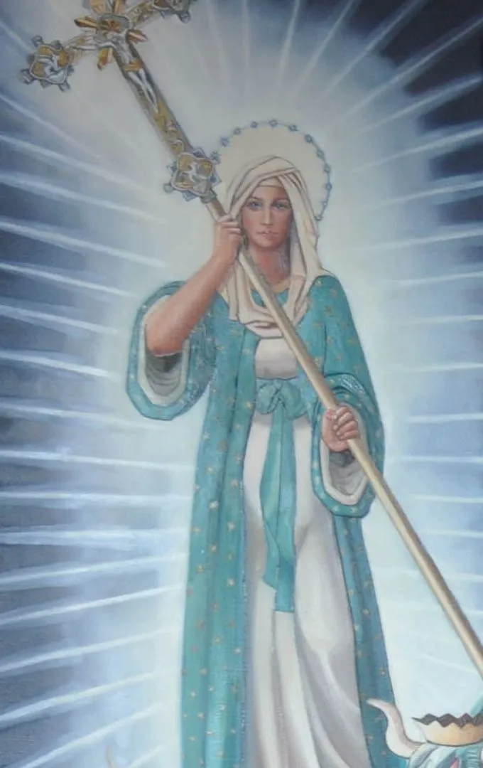 Our Lady of the Victory of the Cross, in a turquoise mantle, holding a tall cross.